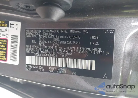 2022 Toyota Highlander Hybrid Le z USA, uszkodzony, nr VIN 5TDBBRCH2NS560230